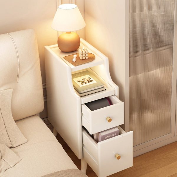 Contemporary Nordic Rubber Wood Hardware Rectangular Narrow Nightstand With 2-Drawer And 1-Cabinet For Bedside Storage