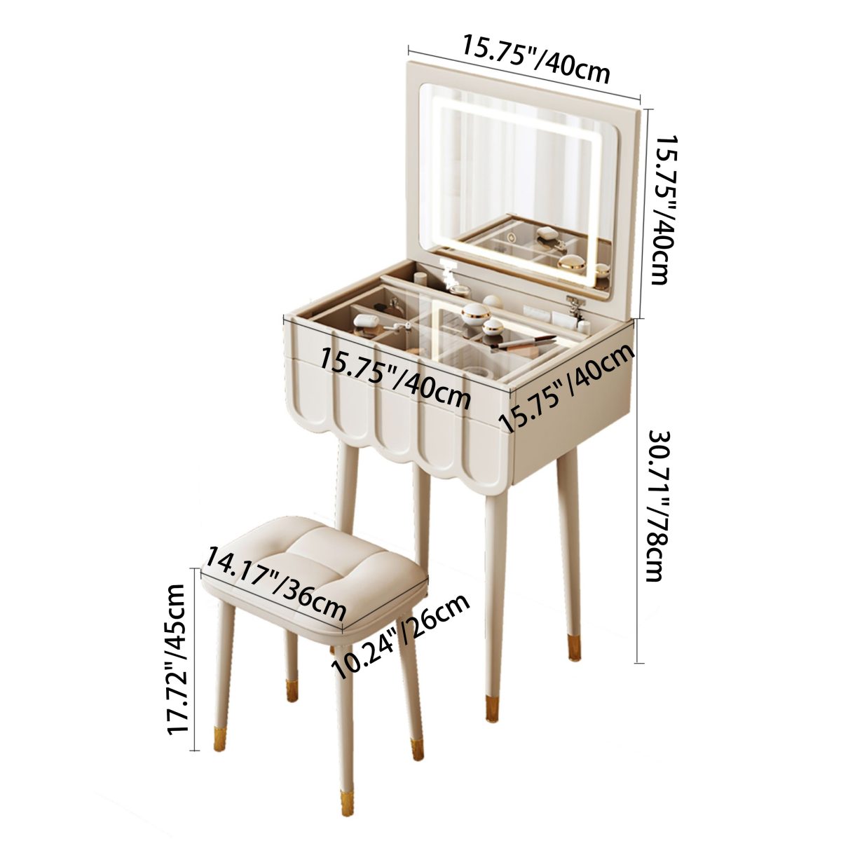 Modern Minimalist Eco-Board Metal Rectangular Arch Makeup Vanity & Stool Set With Flip Top LED Mirror & 2 Drawers For Bedroom - Image 7