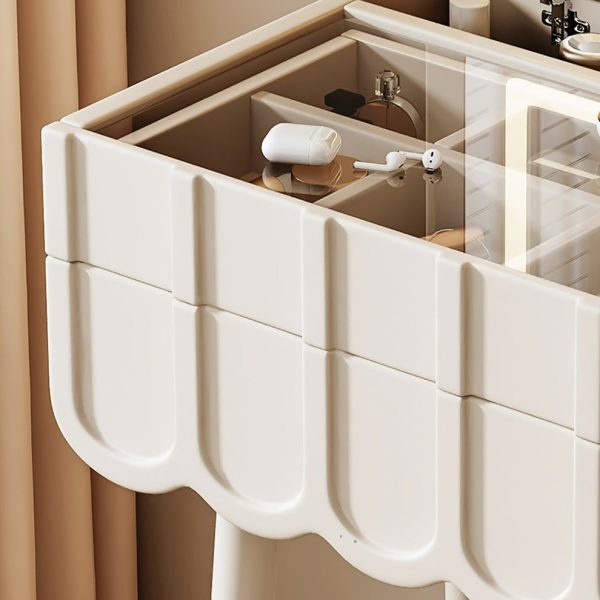 Modern Minimalist Eco-Board Metal Rectangular Arch Makeup Vanity & Stool Set With Flip Top LED Mirror & 2 Drawers For Bedroom - Image 9
