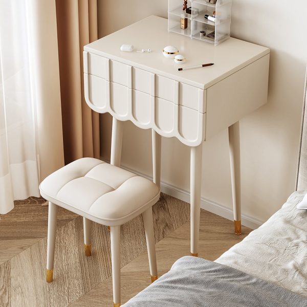Modern Minimalist Eco-Board Metal Rectangular Arch Makeup Vanity & Stool Set With Flip Top LED Mirror & 2 Drawers For Bedroom - Image 18
