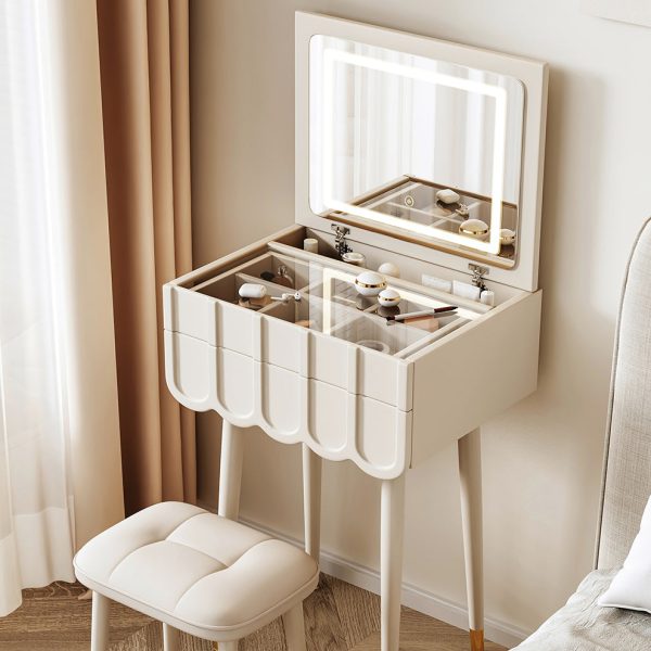 Modern Minimalist Eco-Board Metal Rectangular Arch Makeup Vanity & Stool Set With Flip Top LED Mirror & 2 Drawers For Bedroom - Image 19