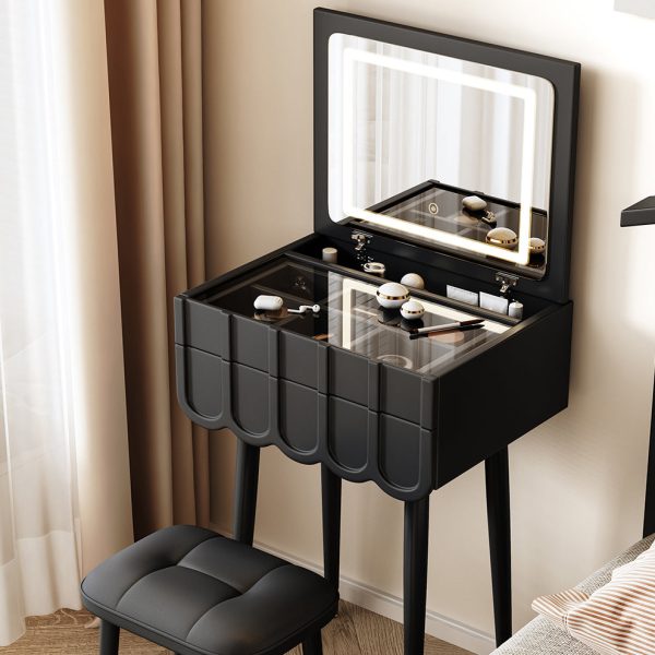 Modern Minimalist Eco-Board Metal Rectangular Arch Makeup Vanity & Stool Set With Flip Top LED Mirror & 2 Drawers For Bedroom - Image 13