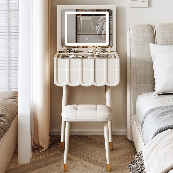Modern Minimalist Eco-Board Metal Rectangular Arch Makeup Vanity & Stool Set With Flip Top LED Mirror & 2 Drawers For Bedroom - Image 5