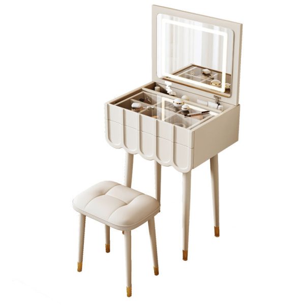 Modern Minimalist Eco-Board Metal Rectangular Arch Makeup Vanity & Stool Set With Flip Top LED Mirror & 2 Drawers For Bedroom - Image 23