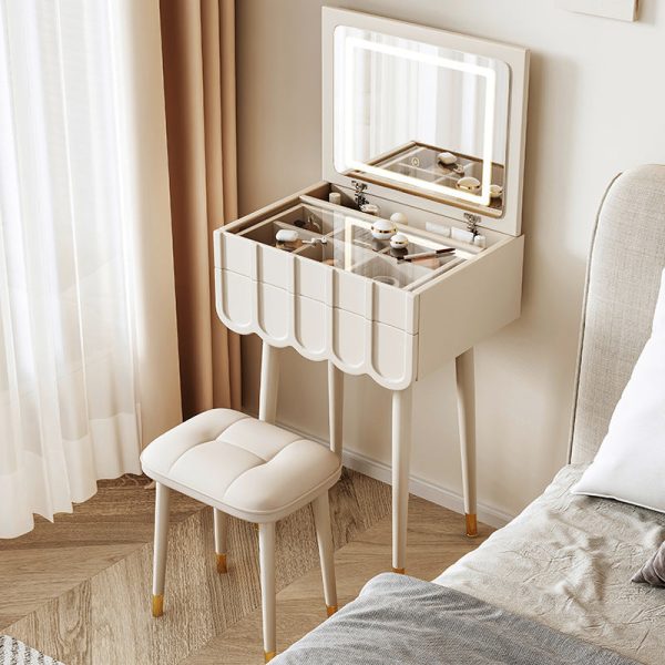 Modern Minimalist Eco-Board Metal Rectangular Arch Makeup Vanity & Stool Set With Flip Top LED Mirror & 2 Drawers For Bedroom - Image 15