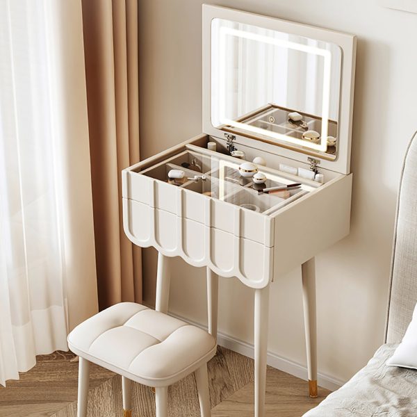 Modern Minimalist Eco-Board Metal Rectangular Arch Makeup Vanity & Stool Set With Flip Top LED Mirror & 2 Drawers For Bedroom - Image 4