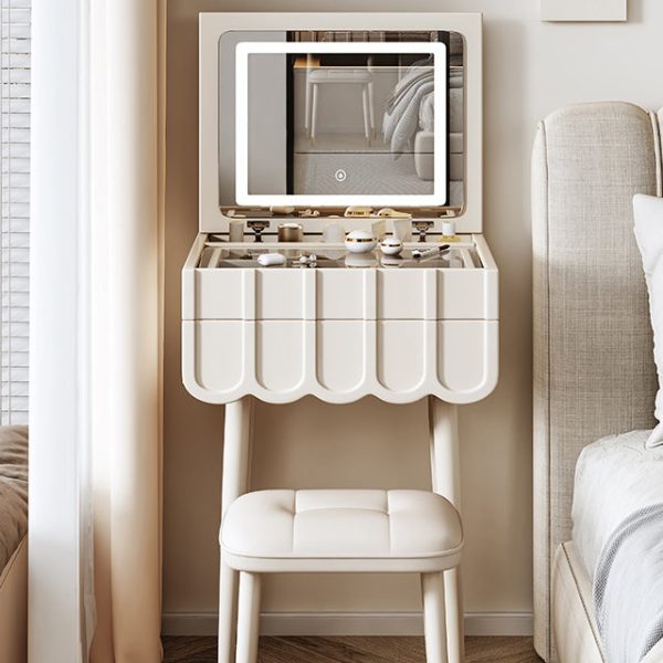 Modern Minimalist Eco-Board Metal Rectangular Arch Makeup Vanity & Stool Set With Flip Top LED Mirror & 2 Drawers For Bedroom - Image 14