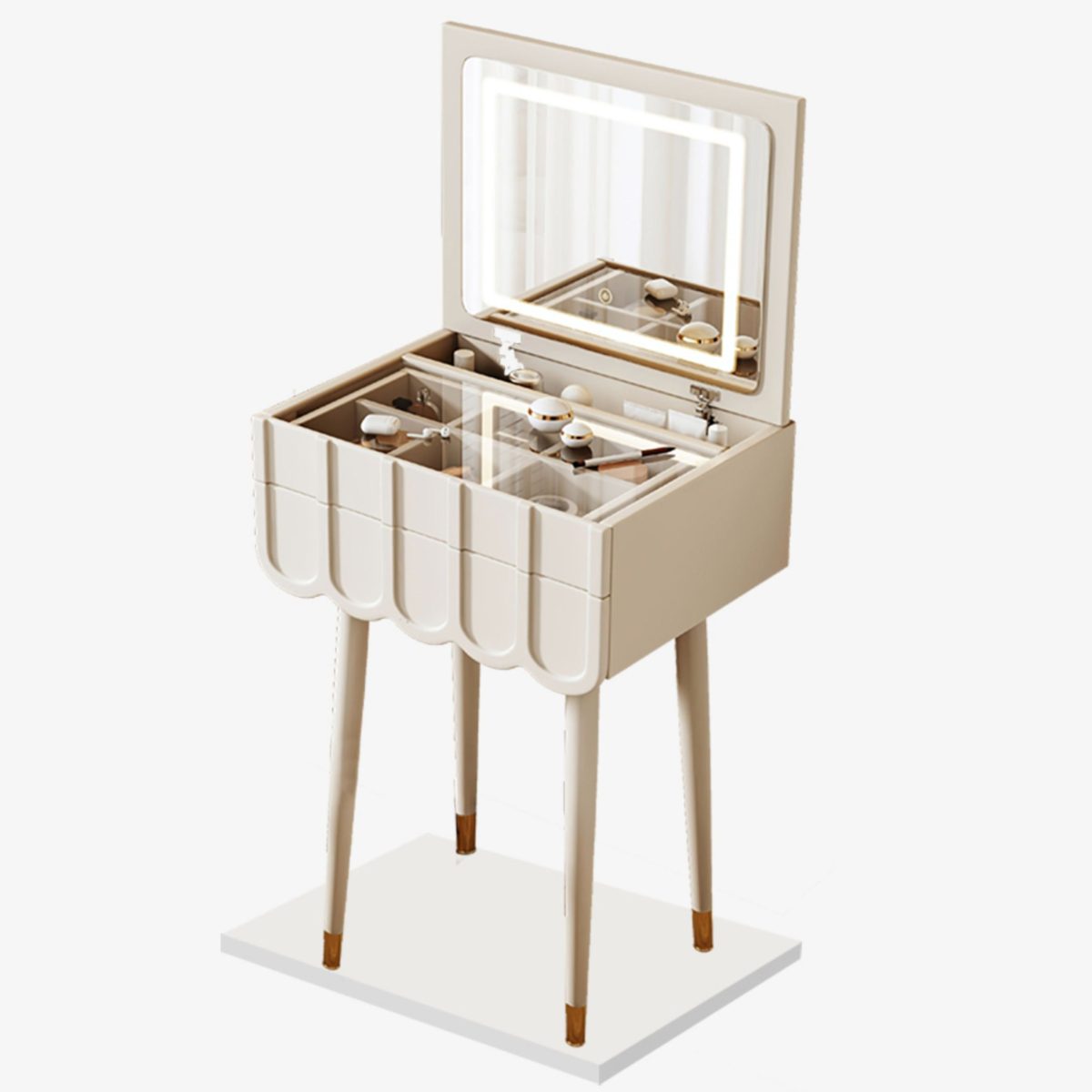 Modern Minimalist Eco-Board Metal Rectangular Arch Makeup Vanity & Stool Set With Flip Top LED Mirror & 2 Drawers For Bedroom - Image 22