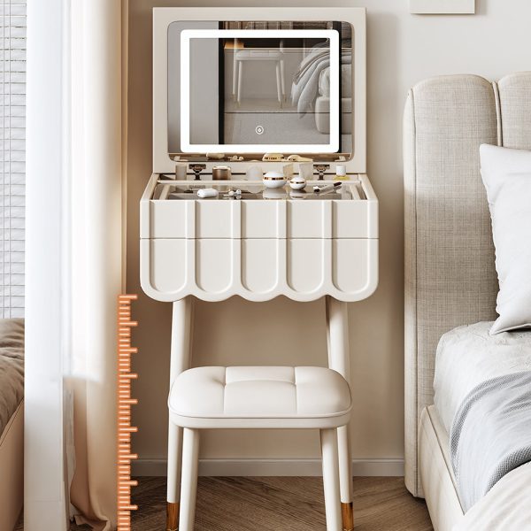 Modern Minimalist Eco-Board Metal Rectangular Arch Makeup Vanity & Stool Set With Flip Top LED Mirror & 2 Drawers For Bedroom - Image 16