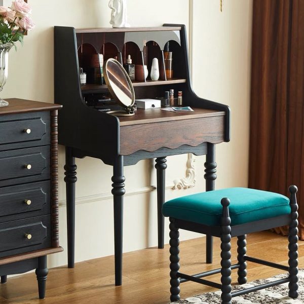 Contemporary Retro Solid Wood Rectangular Roman Column Arched Makeup Vanity & Stool Set For Bedroom
