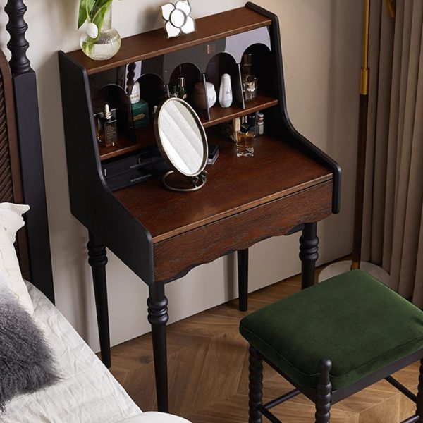 Contemporary Retro Solid Wood Rectangular Roman Column Arched Makeup Vanity & Stool Set For Bedroom - Image 17