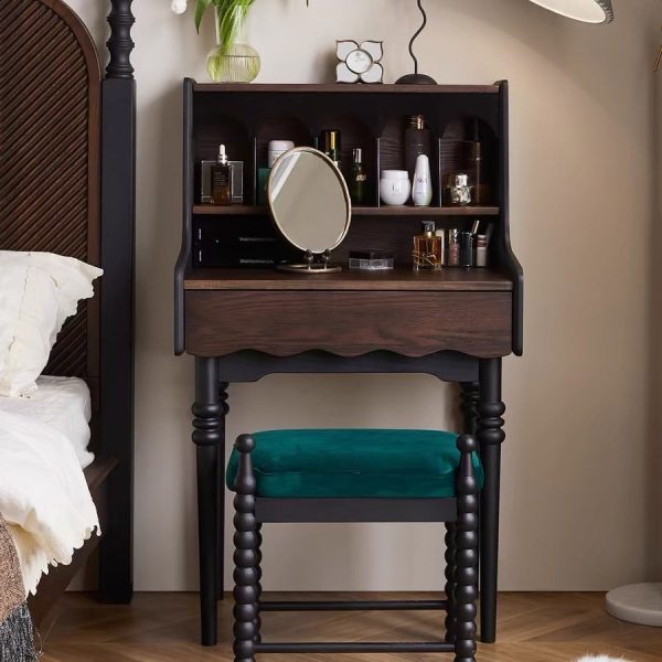 Contemporary Retro Solid Wood Rectangular Roman Column Arched Makeup Vanity & Stool Set For Bedroom - Image 2