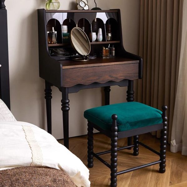 Contemporary Retro Solid Wood Rectangular Roman Column Arched Makeup Vanity & Stool Set For Bedroom - Image 4
