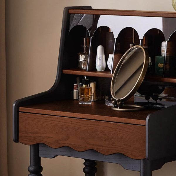 Contemporary Retro Solid Wood Rectangular Roman Column Arched Makeup Vanity & Stool Set For Bedroom - Image 15