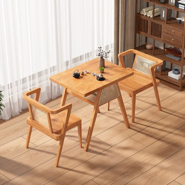 Traditional Japanese Weaving Rattan Rubber Wood Square Storage-Friendly Coffee Table & Chair Set For Living Room - Image 4