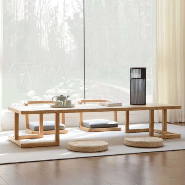 Traditional Japanese Ash Wood Rectangular Low Coffee Table & Chair Set For Living Room - Image 6