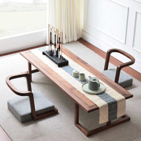 Traditional Japanese Ash Wood Rectangular Low Coffee Table & Chair Set For Living Room - Image 2