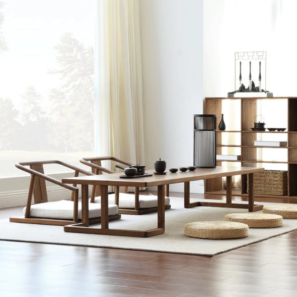 Traditional Japanese Ash Wood Rectangular Low Coffee Table & Chair Set For Living Room - Image 7