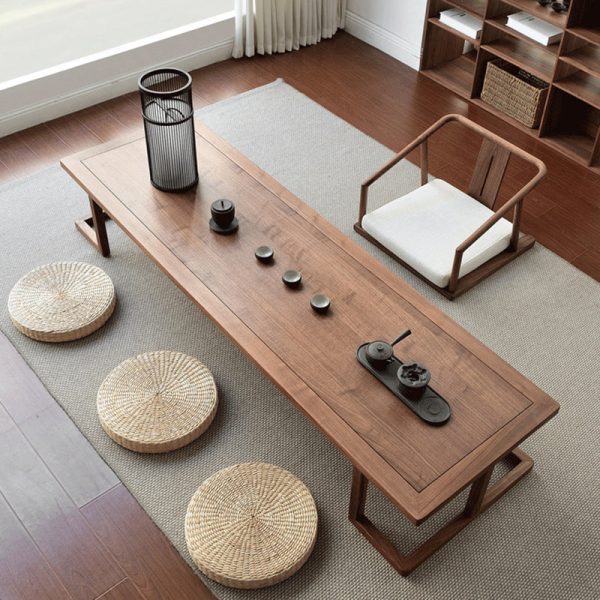 Traditional Japanese Ash Wood Rectangular Low Coffee Table & Chair Set For Living Room - Image 5