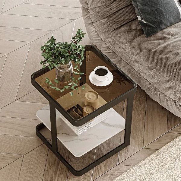 Modern Minimalist Square Rectangular Iron Frame Glass Rock Slab Tabletop End Table 2-Tier For Living Room - Image 11