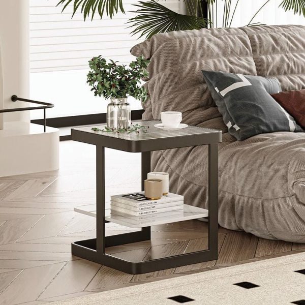 Modern Minimalist Square Rectangular Iron Frame Glass Rock Slab Tabletop End Table 2-Tier For Living Room - Image 12