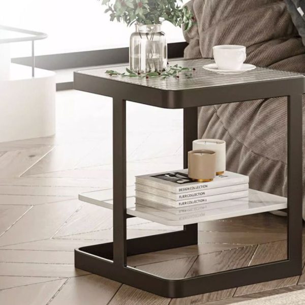 Modern Minimalist Square Rectangular Iron Frame Glass Rock Slab Tabletop End Table 2-Tier For Living Room - Image 8
