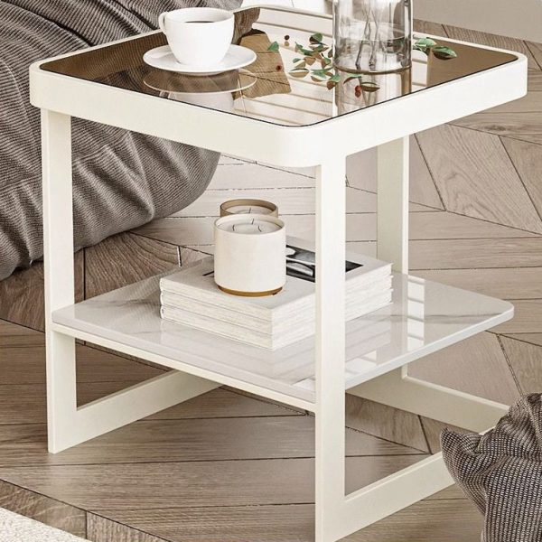 Modern Minimalist Square Rectangular Iron Frame Glass Rock Slab Tabletop End Table 2-Tier For Living Room - Image 7