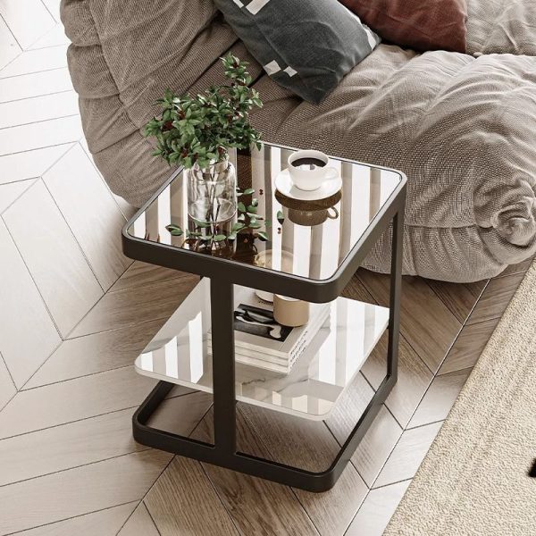 Modern Minimalist Square Rectangular Iron Frame Glass Rock Slab Tabletop End Table 2-Tier For Living Room - Image 3