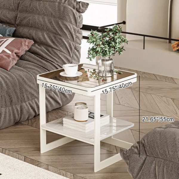 Modern Minimalist Square Rectangular Iron Frame Glass Rock Slab Tabletop End Table 2-Tier For Living Room - Image 4