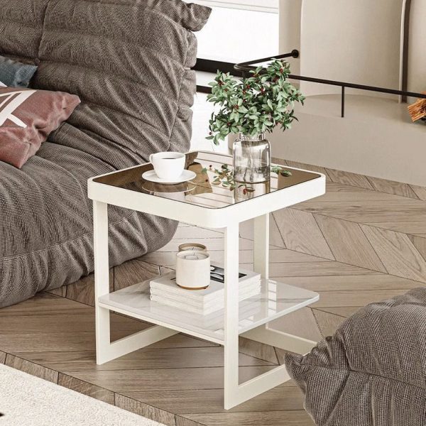 Modern Minimalist Square Rectangular Iron Frame Glass Rock Slab Tabletop End Table 2-Tier For Living Room - Image 2