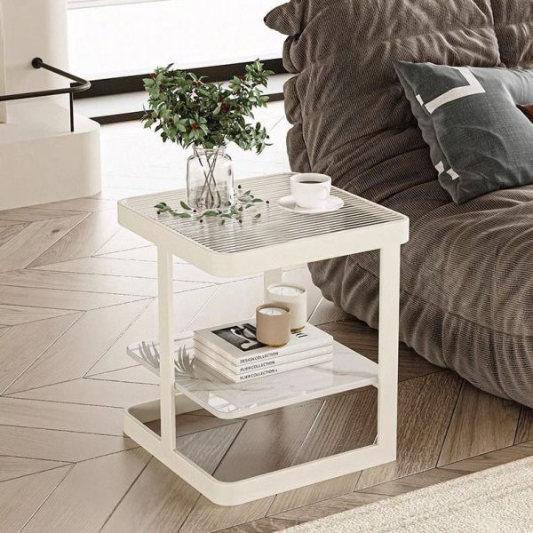 Modern Minimalist Square Rectangular Iron Frame Glass Rock Slab Tabletop End Table 2-Tier For Living Room - Image 10