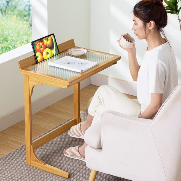 Modern Minimalist Rectangular Bamboo Glass Tabletop End Table For Living Room - Image 13