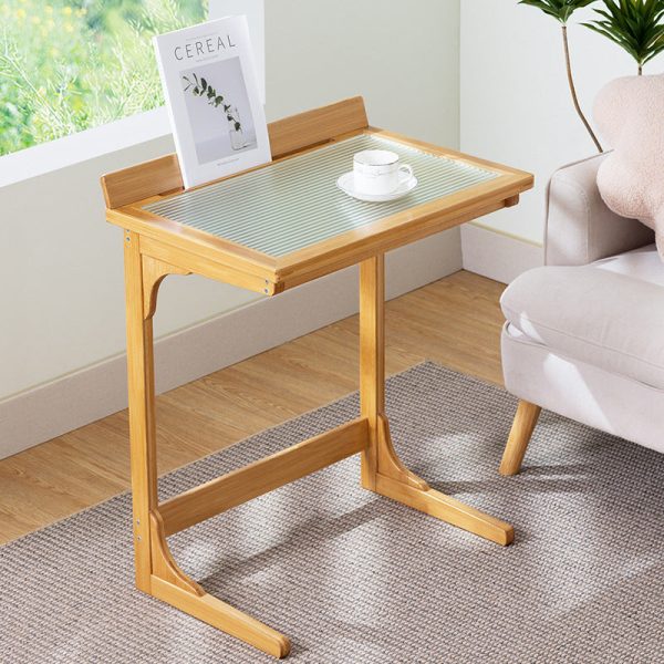 Modern Minimalist Rectangular Bamboo Glass Tabletop End Table For Living Room