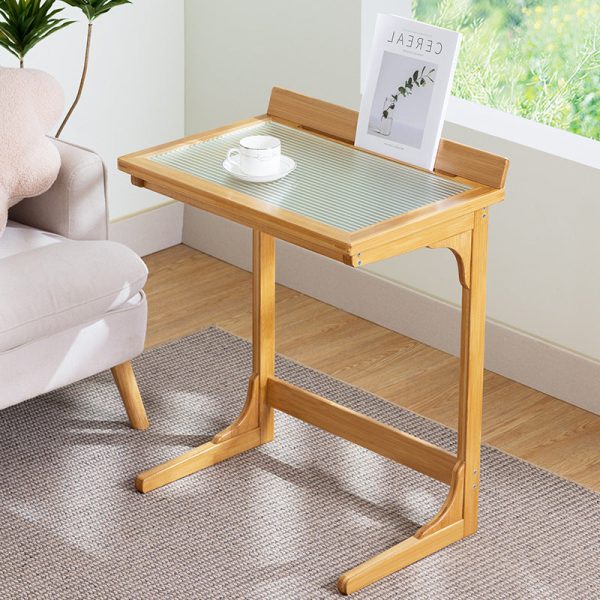 Modern Minimalist Rectangular Bamboo Glass Tabletop End Table For Living Room - Image 12