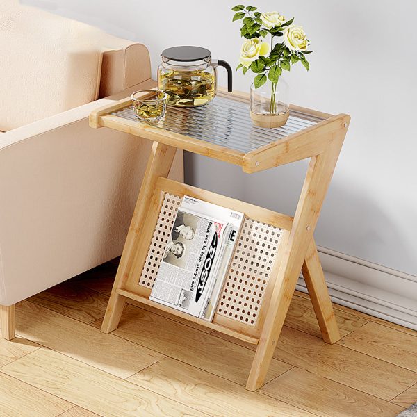 Modern Minimalist Rectangle L Shape Rattan Nan Bamboo Glass End Table For Living Room
