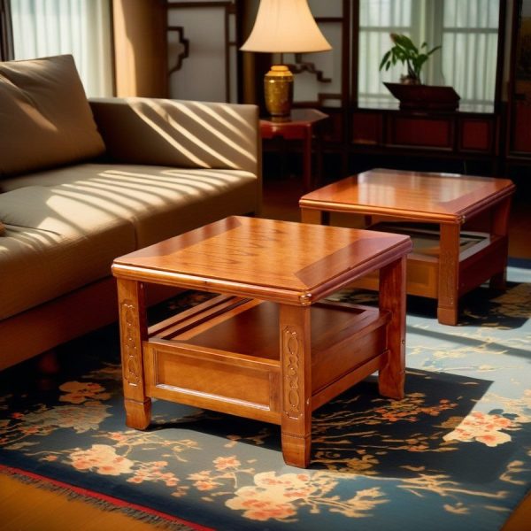 Traditional Chinese Antique Square Rubber Wood Solid Wood Side Table 2-Tier For Living Room - Image 2