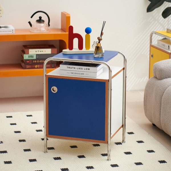Contemporary Nordic Rectangular Wood Plate Stainless Steel Nightstand 1-Cabinet For Bedroom - Image 2