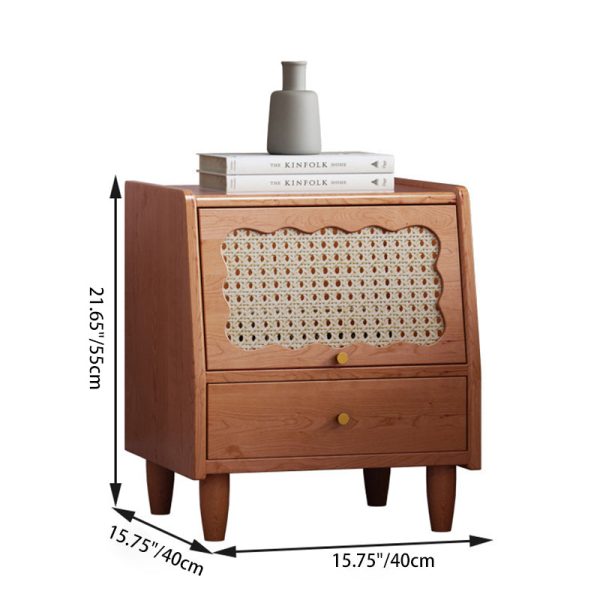 Traditional Vintage Trapezoidal Solid Wood Rattan Nightstand 1-Storage 1-Drawer For Bedroom - Image 4