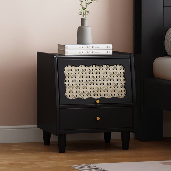 Traditional Vintage Trapezoidal Solid Wood Rattan Nightstand 1-Storage 1-Drawer For Bedroom - Image 2