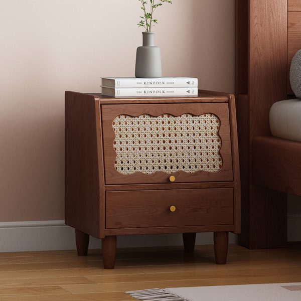 Traditional Vintage Trapezoidal Solid Wood Rattan Nightstand 1-Storage 1-Drawer For Bedroom - Image 3