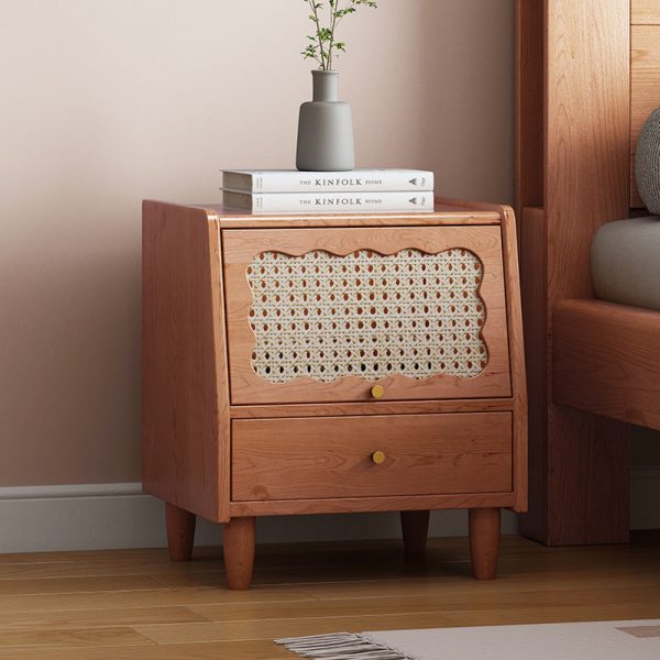 Traditional Vintage Trapezoidal Solid Wood Rattan Nightstand 1-Storage 1-Drawer For Bedroom - Image 10