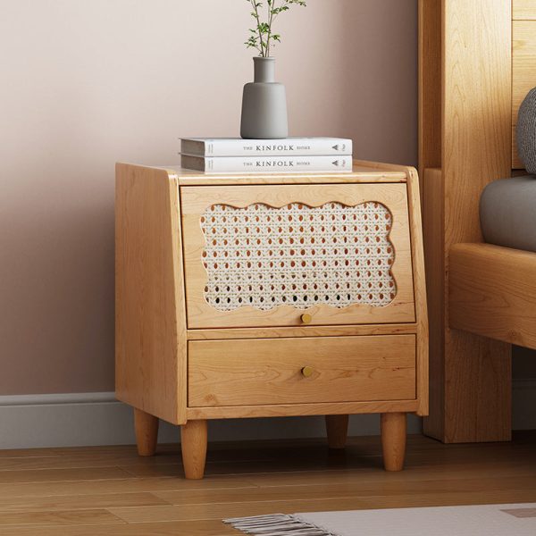 Traditional Vintage Trapezoidal Solid Wood Rattan Nightstand 1-Storage 1-Drawer For Bedroom - Image 11