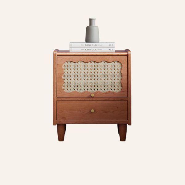 Traditional Vintage Trapezoidal Solid Wood Rattan Nightstand 1-Storage 1-Drawer For Bedroom - Image 12