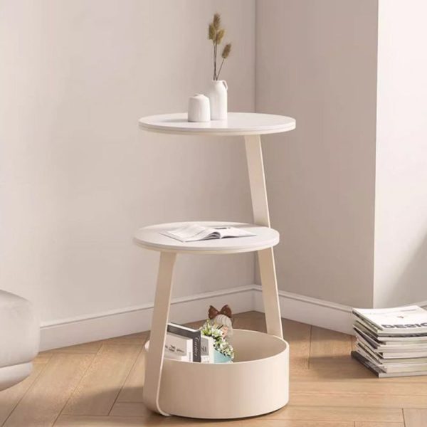 Modern Minimalist Cream Round Rock Slab Iron Coffee Table 2-Tier 1-Storage For Living Room - Image 2