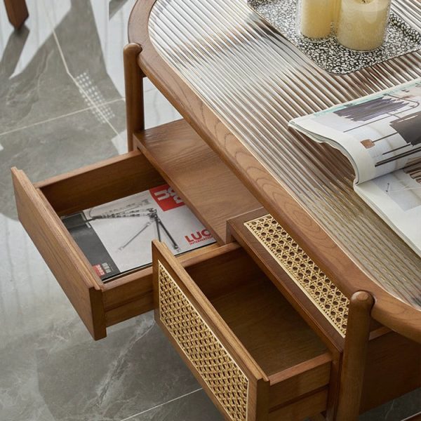 Traditional Japanese Oval Rectangular Glass Wooden Rattan Coffee Table 2-Tier 2-Drawer For Living Room - Image 8