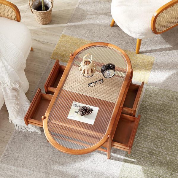 Traditional Japanese Oval Rectangular Glass Wooden Rattan Coffee Table 2-Tier 2-Drawer For Living Room - Image 3