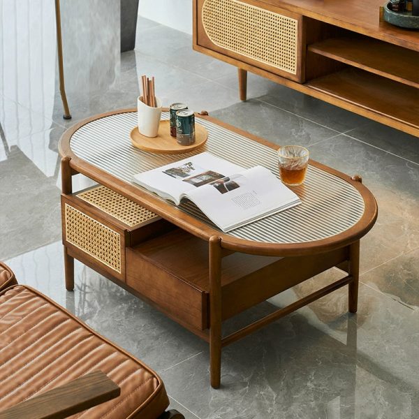 Traditional Japanese Oval Rectangular Glass Wooden Rattan Coffee Table 2-Tier 2-Drawer For Living Room - Image 2