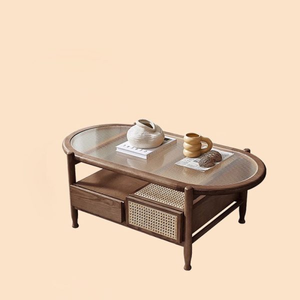 Traditional Japanese Oval Rectangular Glass Wooden Rattan Coffee Table 2-Tier 2-Drawer For Living Room - Image 11