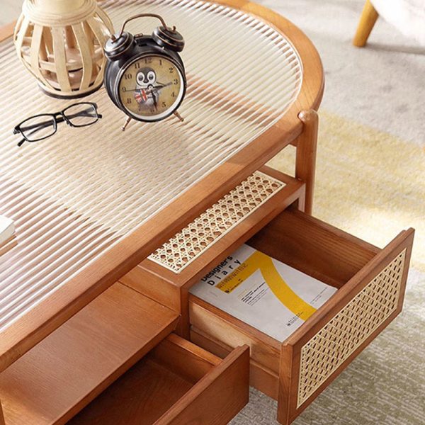 Traditional Japanese Oval Rectangular Glass Wooden Rattan Coffee Table 2-Tier 2-Drawer For Living Room - Image 5