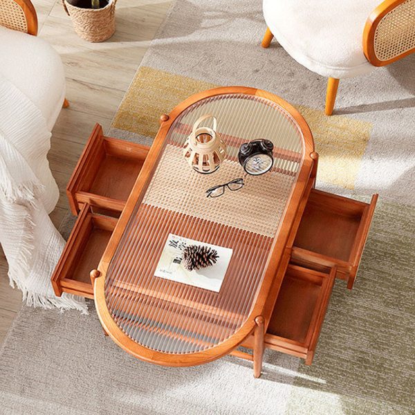 Traditional Japanese Oval Rectangular Glass Wooden Rattan Coffee Table 2-Tier 2-Drawer For Living Room - Image 10